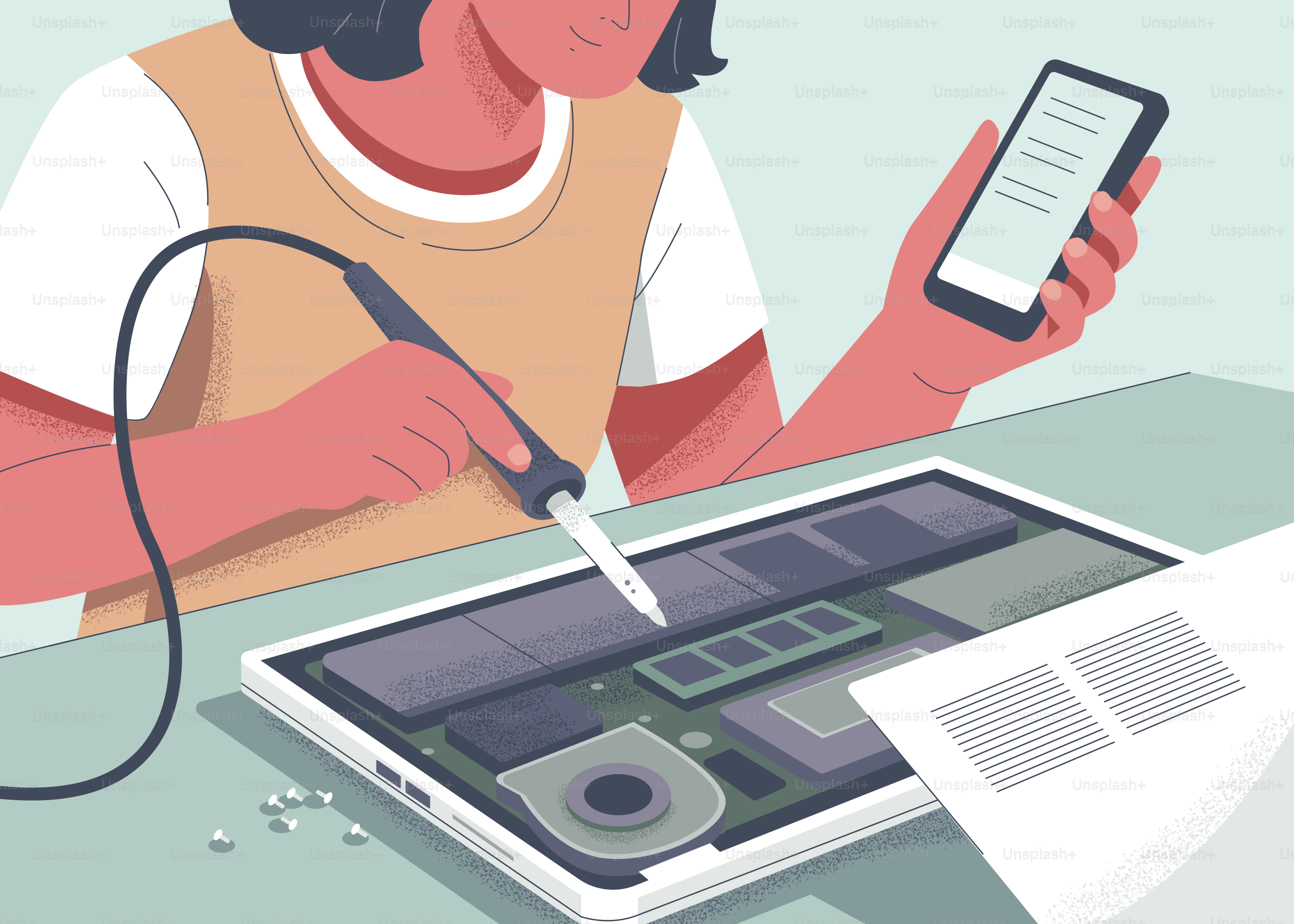 Una persona repara una tableta mientras usa un smartphone.