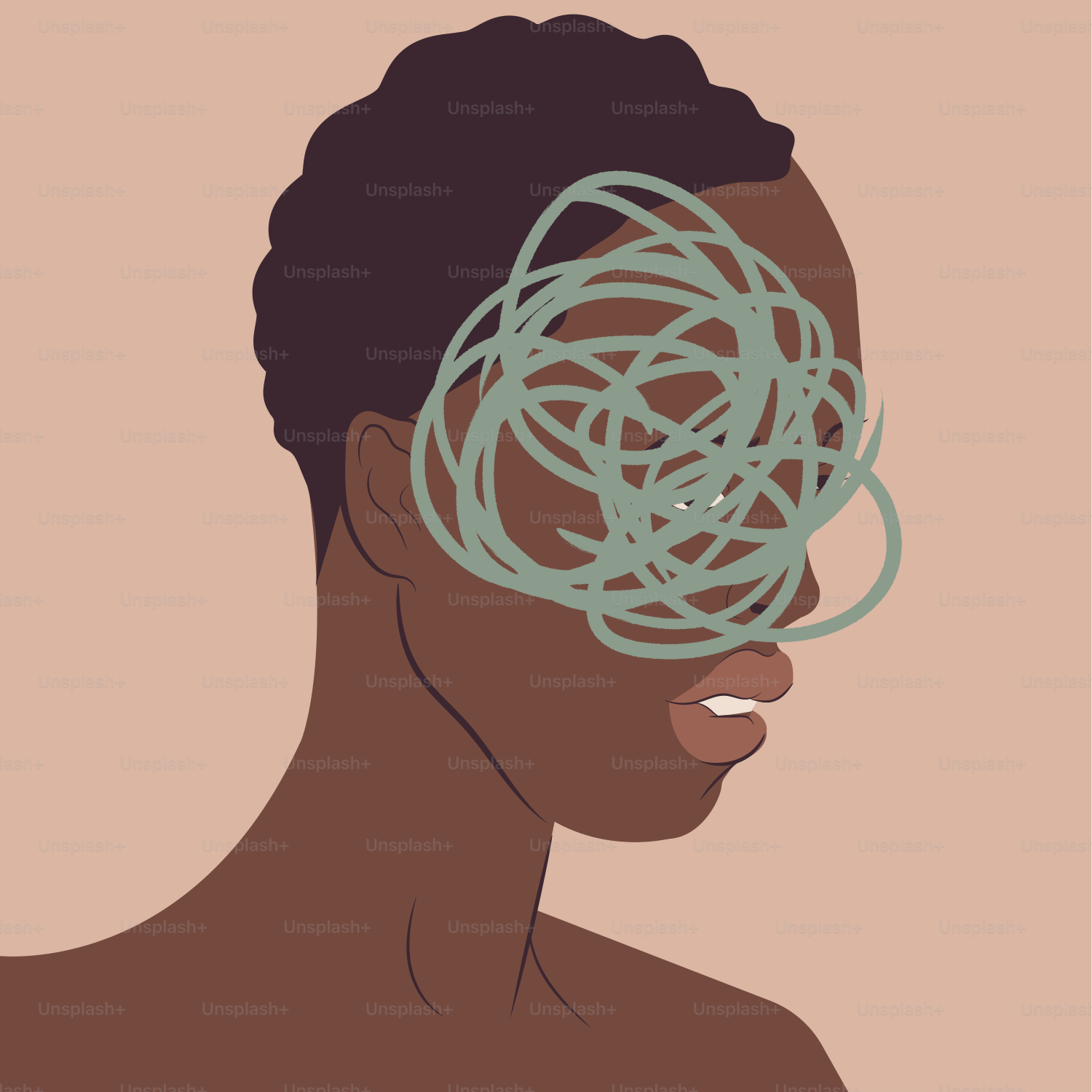 Anxious thoughts are tangled around a face.