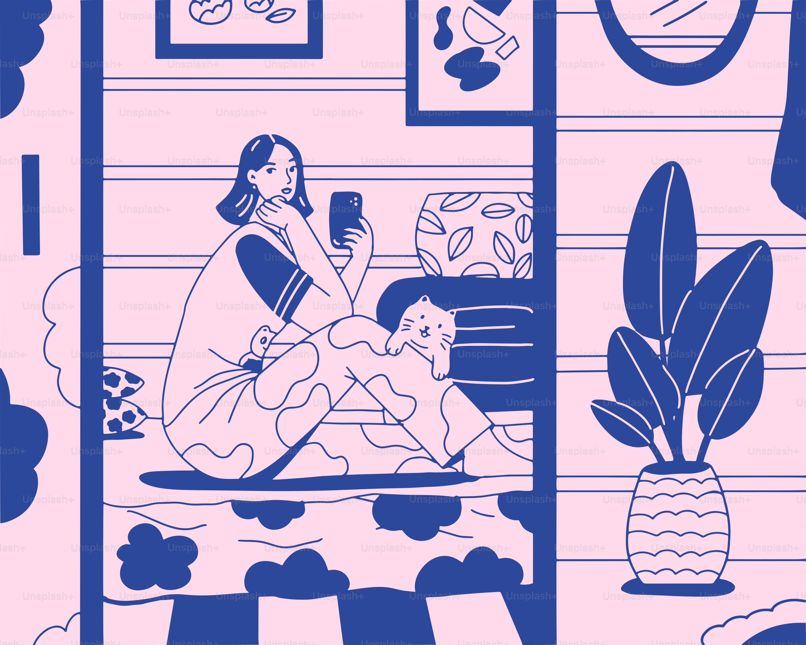 Wanita duduk di sebuah ruangan, menggunakan ponselnya.