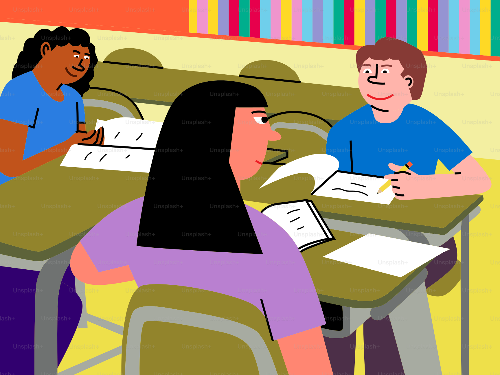 학생들은 교실 책상에서 함께 작업하고 있습니다. 벡터 – Unsplash의 책 이미지, image size:3000x2250