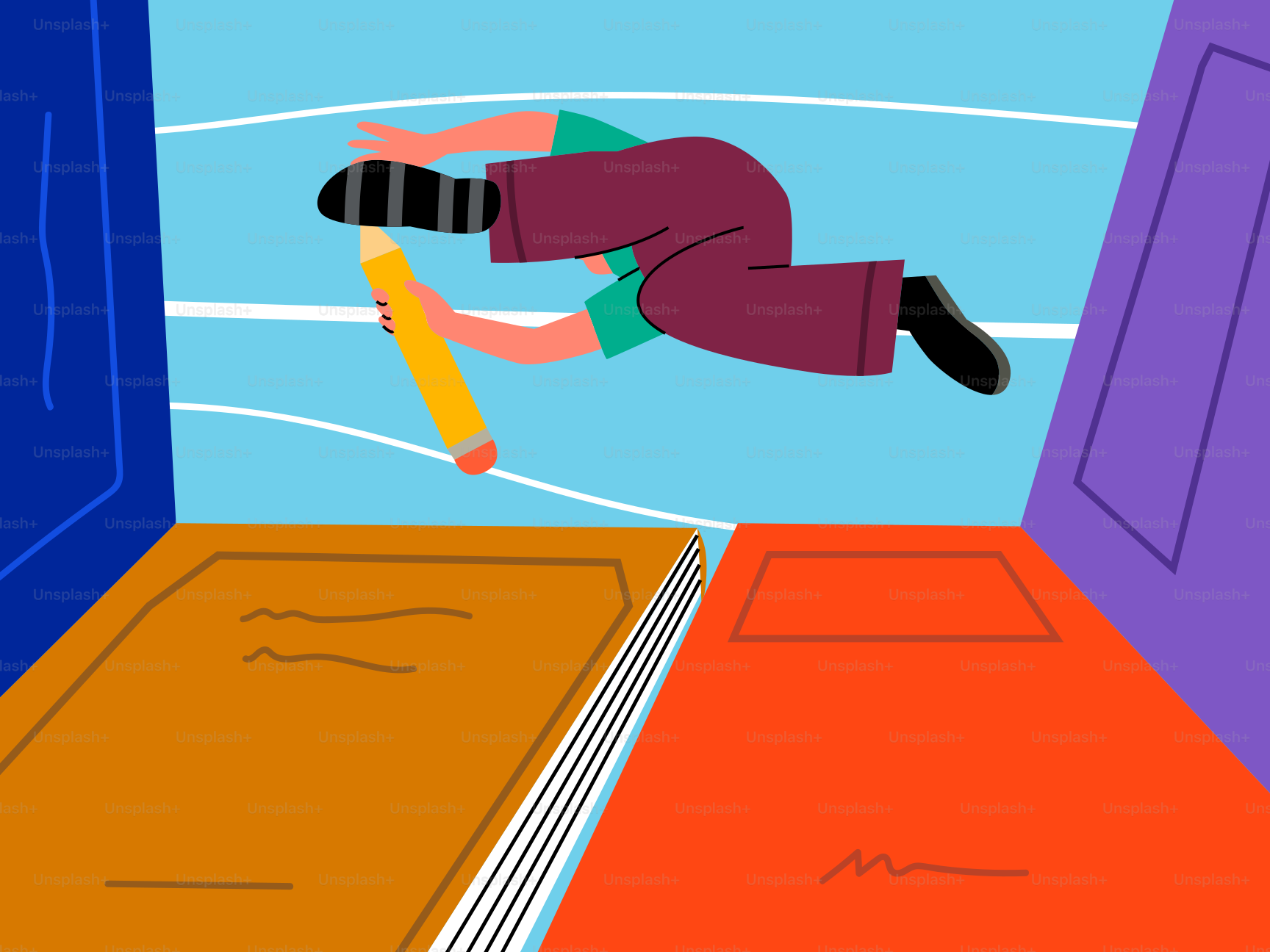 A person is flying with a pencil.