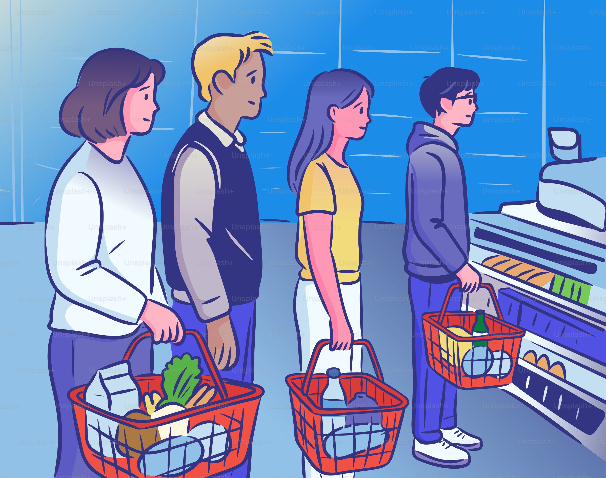 Le persone stanno aspettando in fila al supermercato.