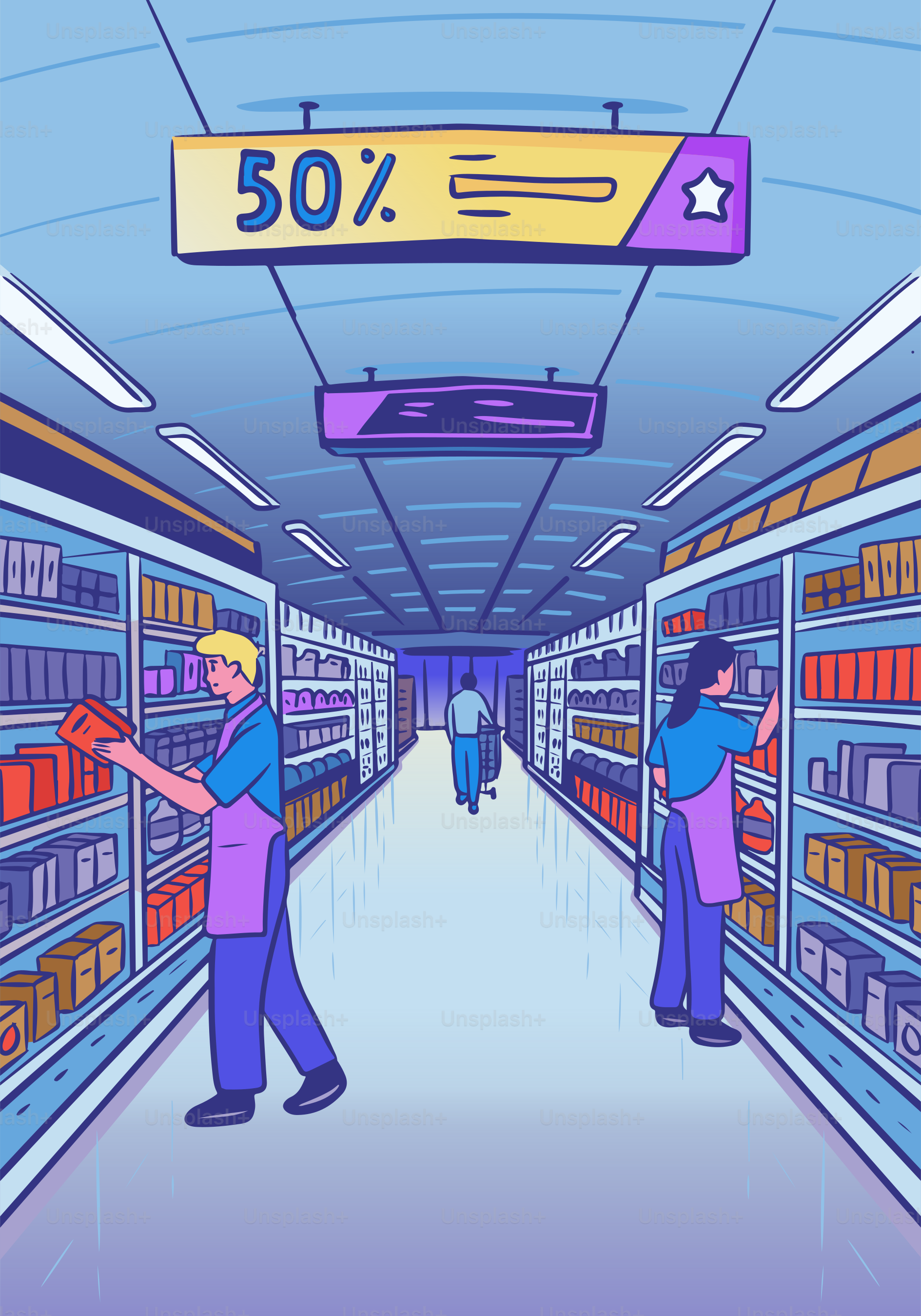 People shop for groceries in a well-stocked supermarket.