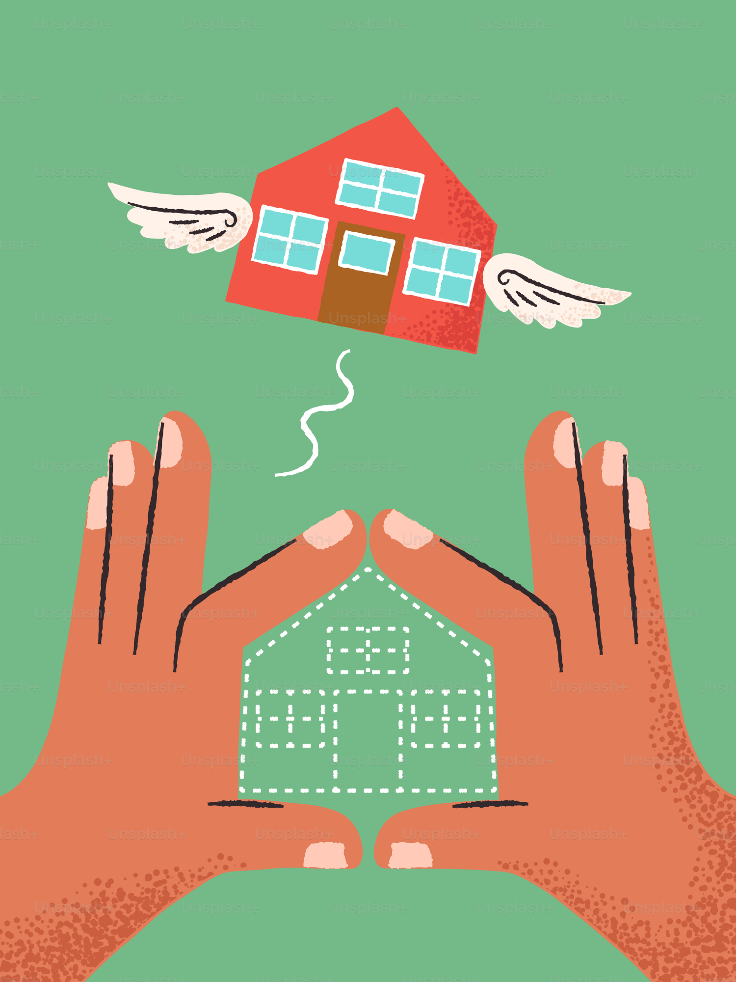 Las manos protegen una casa voladora con alas.