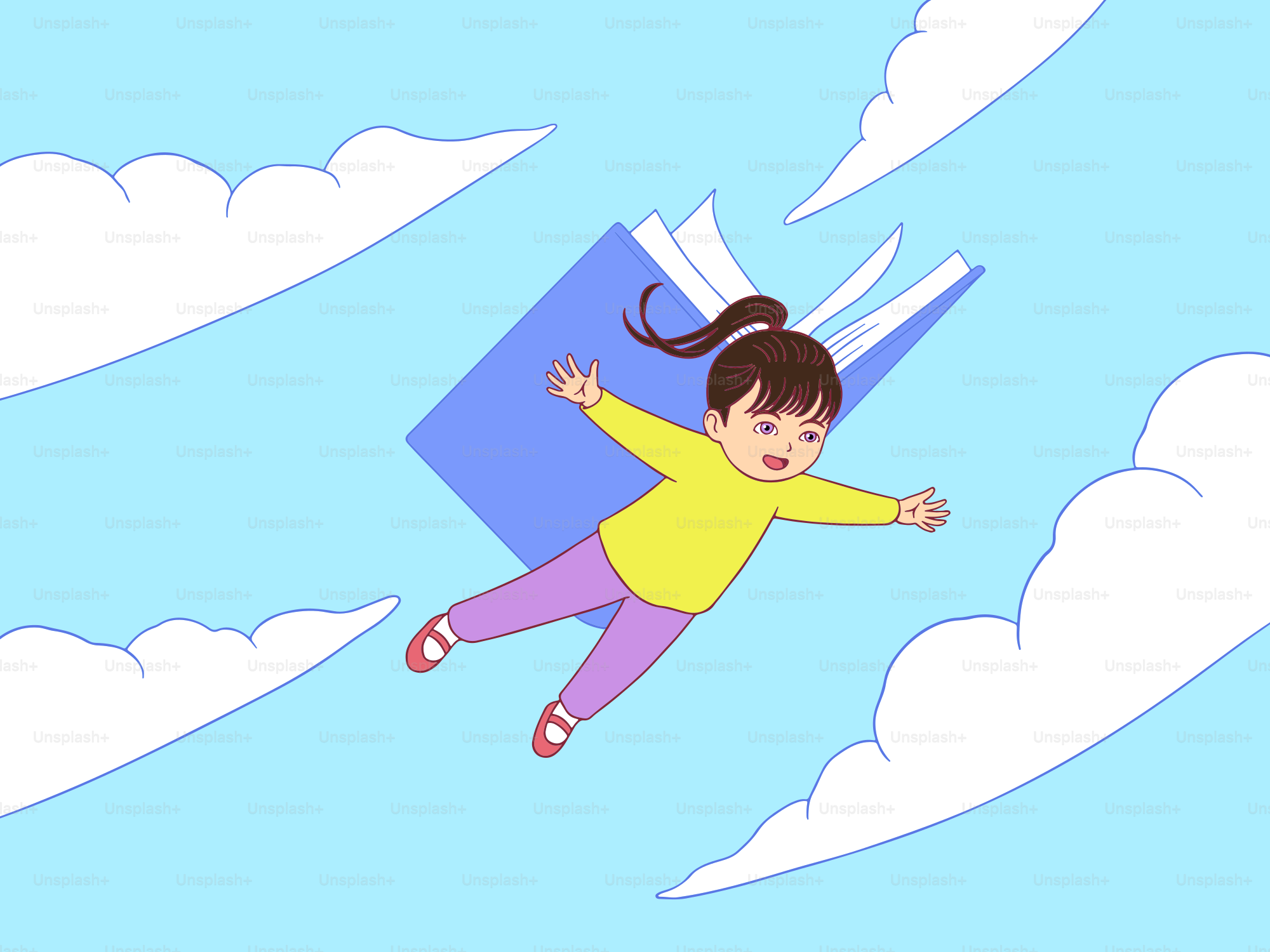 Gadis melayang melintasi langit dengan buku terbang.