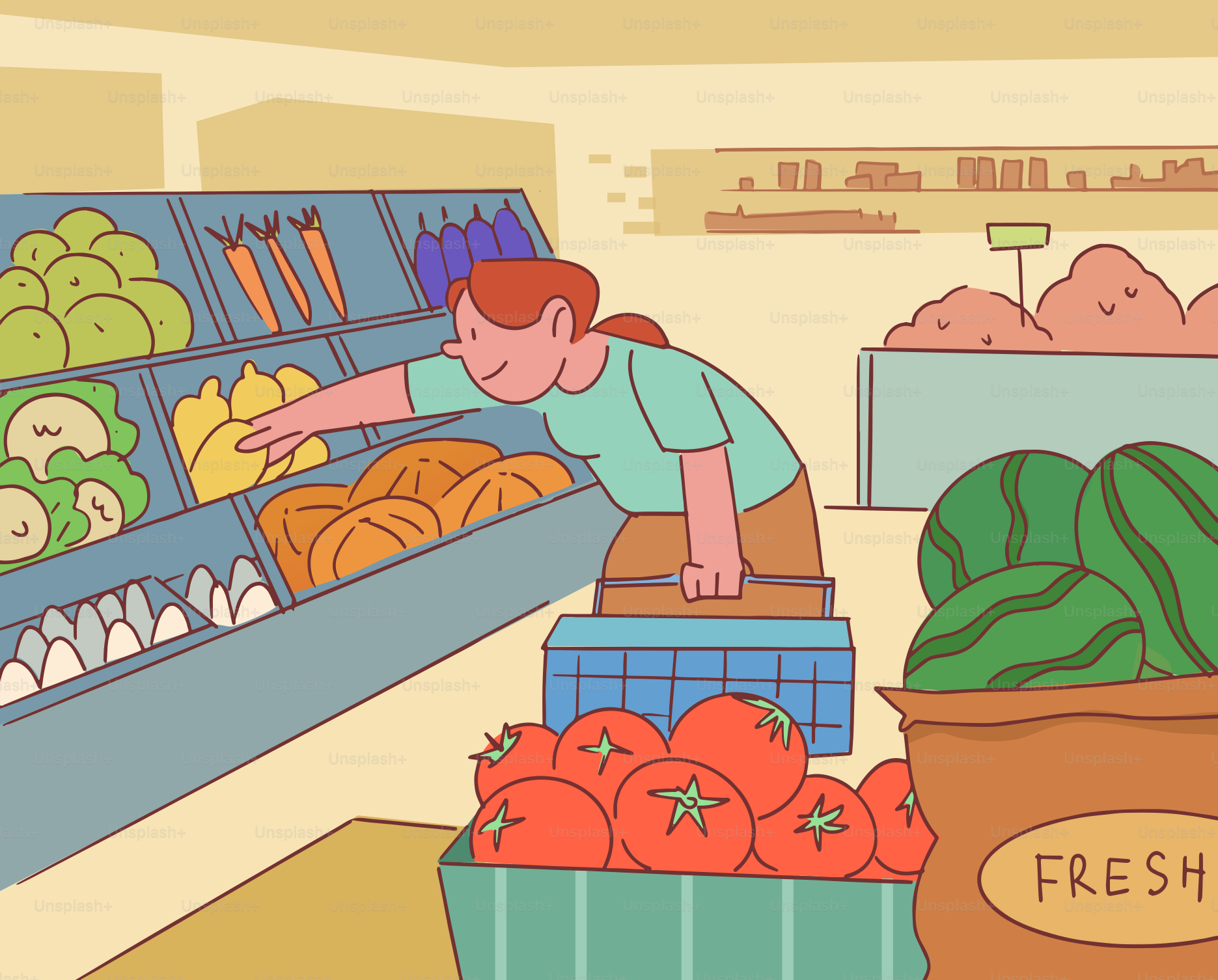 한 여성이 식료품점에서 농산물을 고른다.