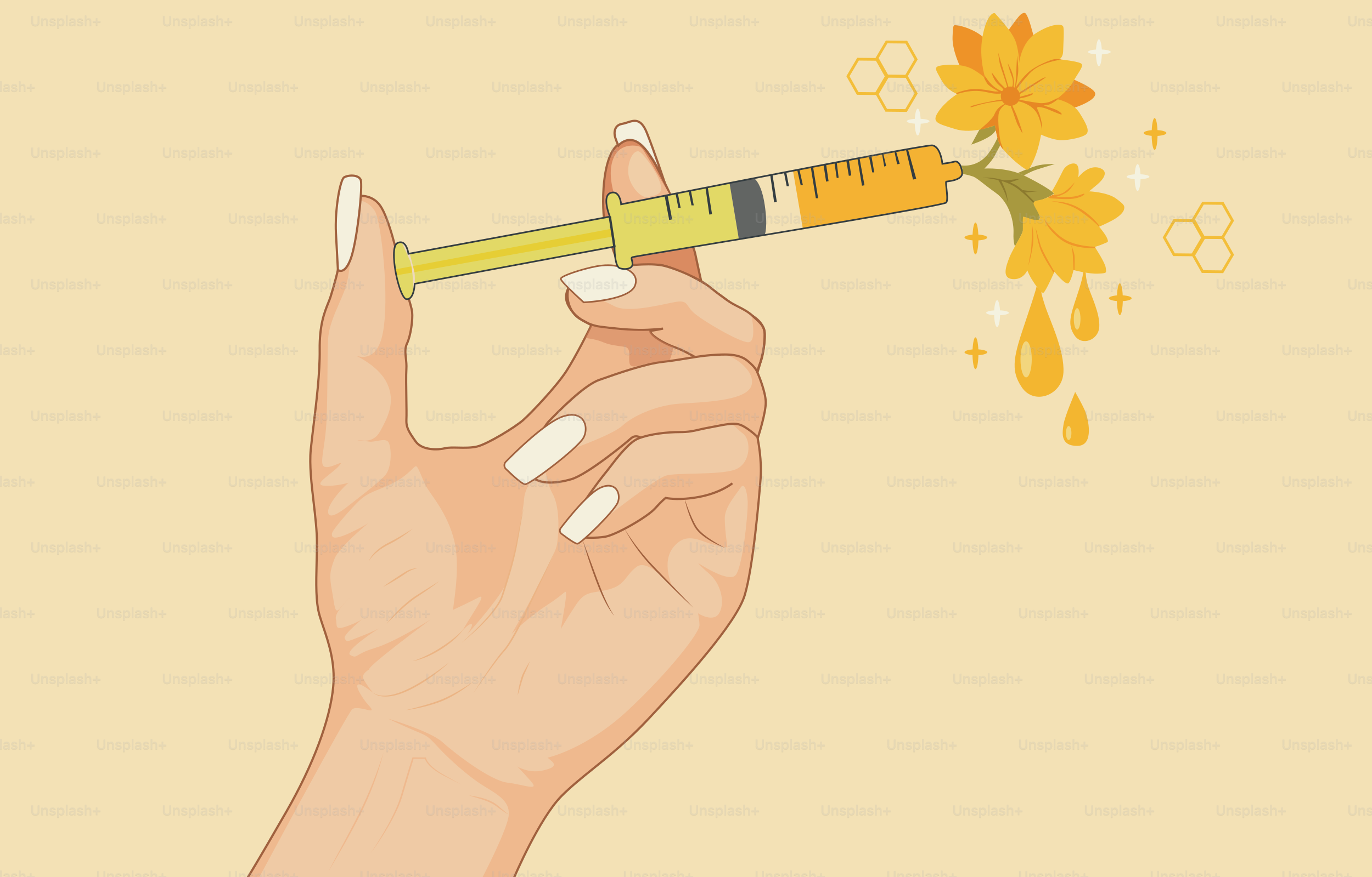 A hand injecting flowers with a syringe.