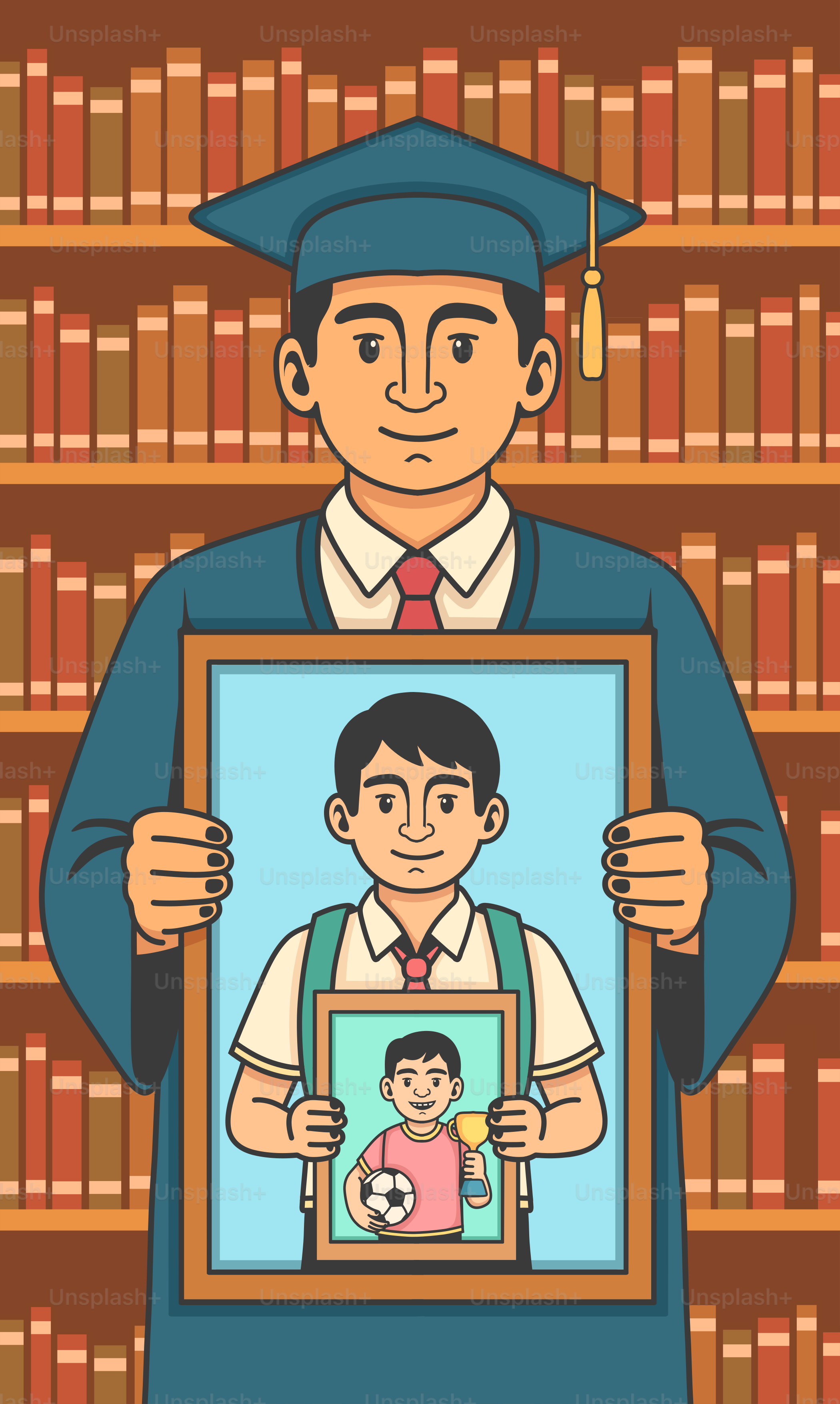 A graduated man holds a portrait of his younger self.