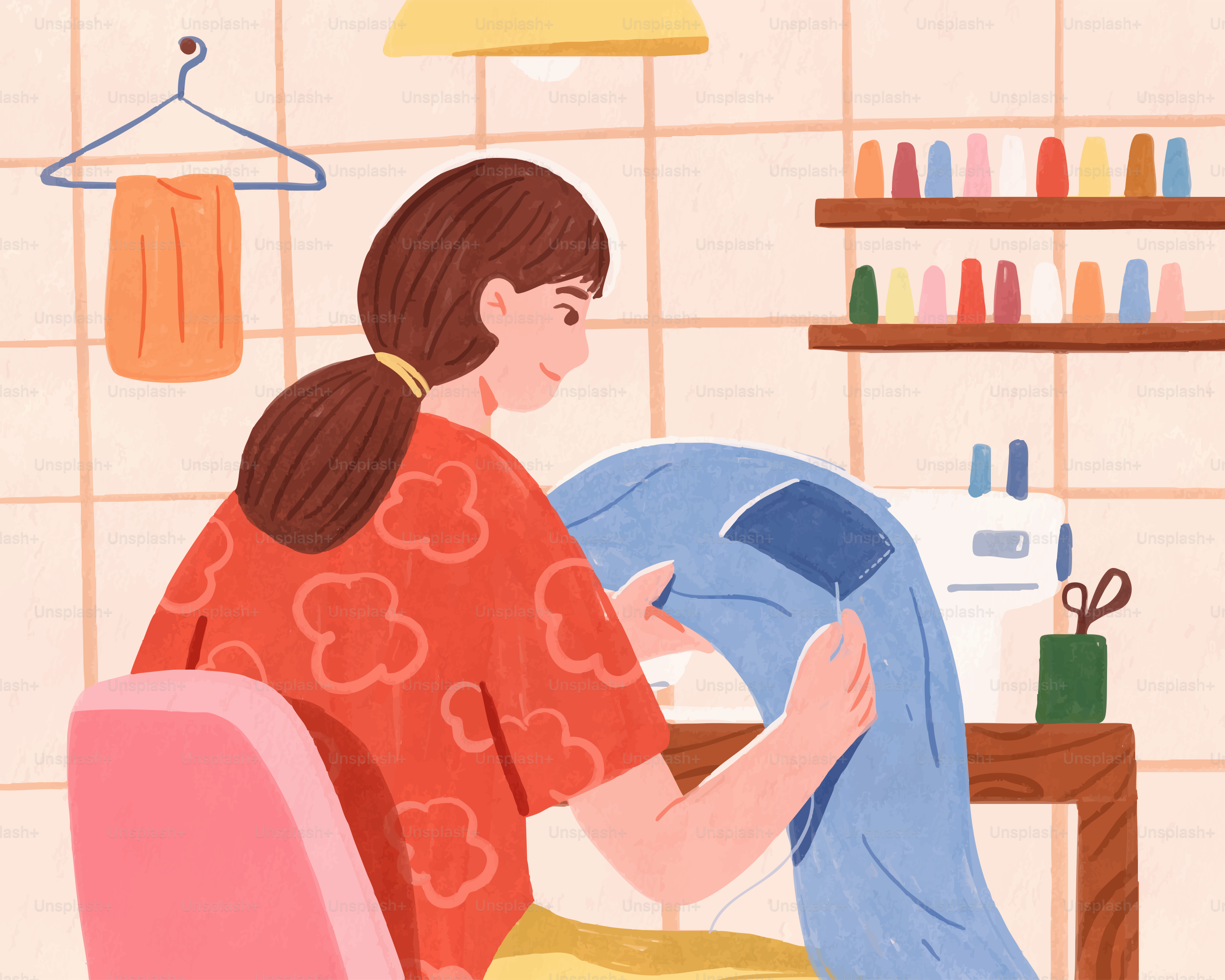 Seorang wanita sedang menjahit tambalan pada jeans