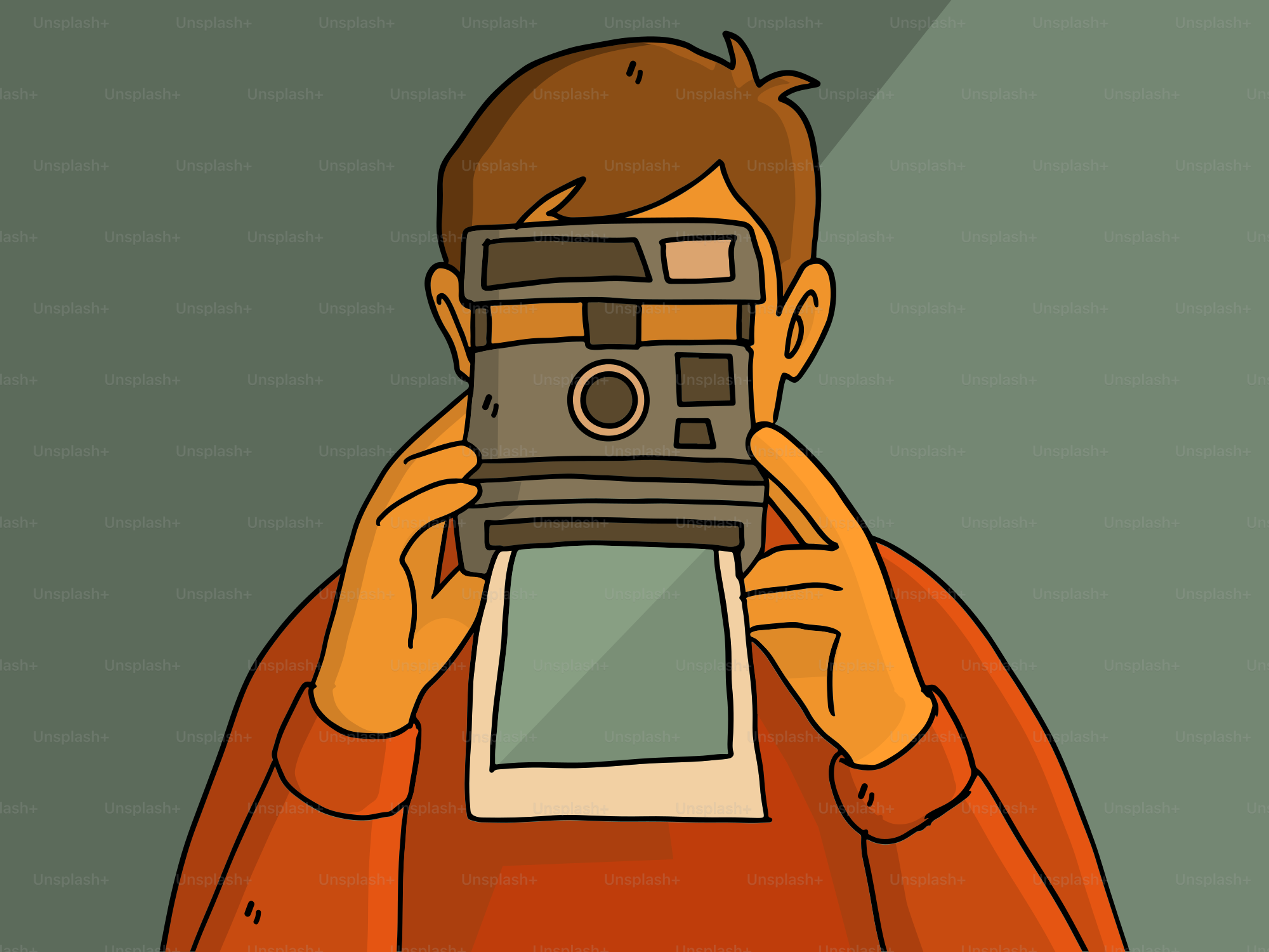 A man takes a photo with a polaroid camera.