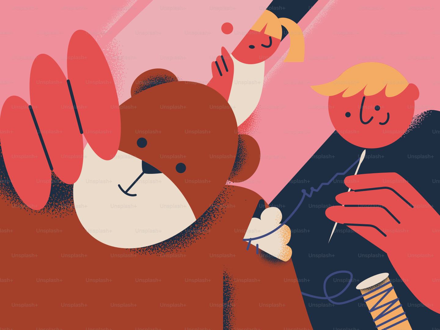 People are repairing a teddy bear together.