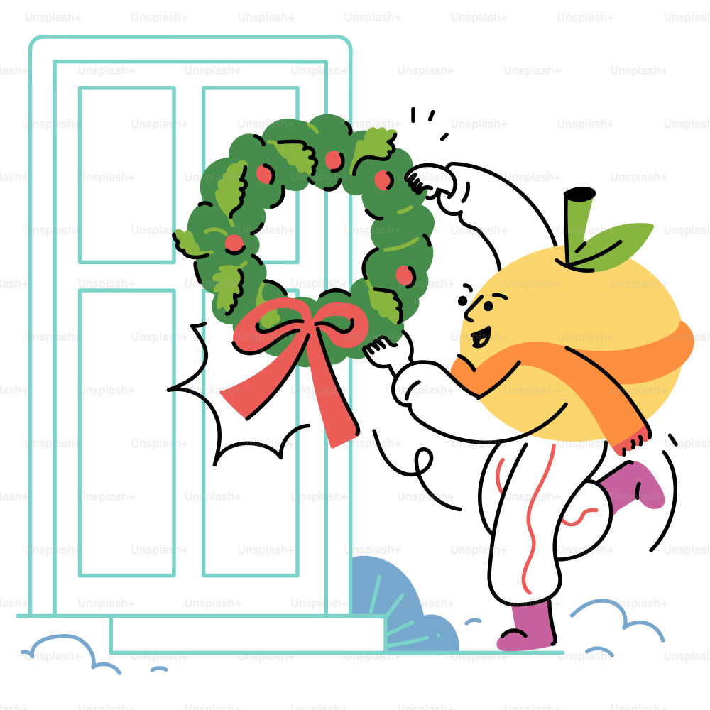 A festive fruit hangs a wreath on the door.