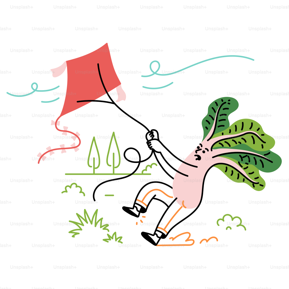 野菜の人間が野原で凧を飛ばす。