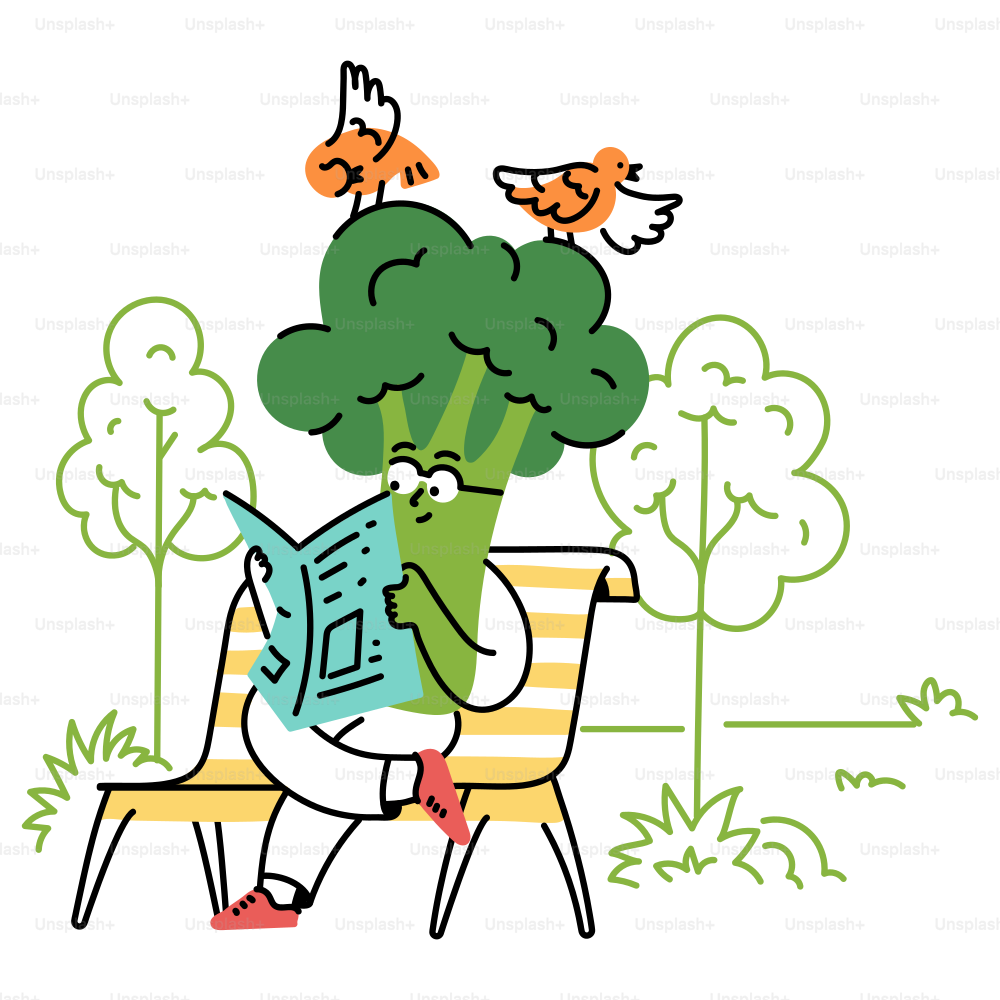 Broccoli reads the newspaper with birds perched.