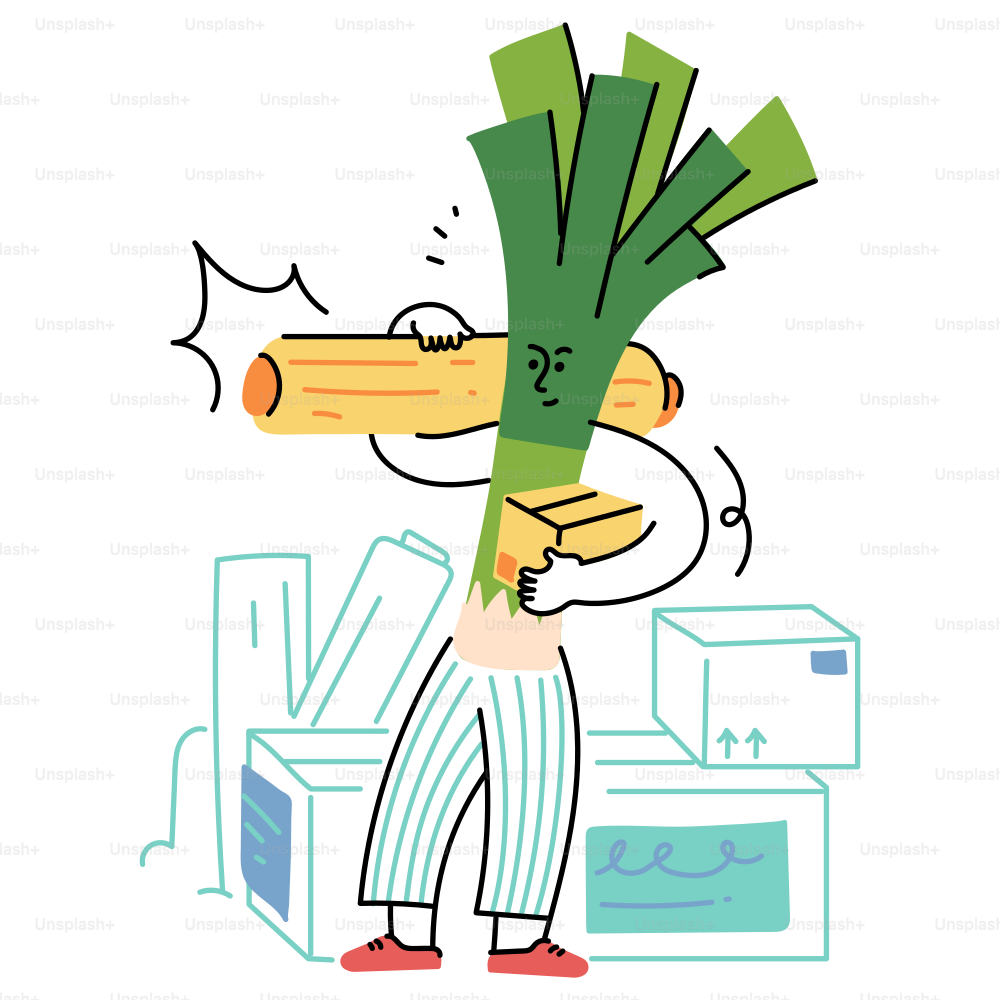 A leek character is carrying a log and a box.