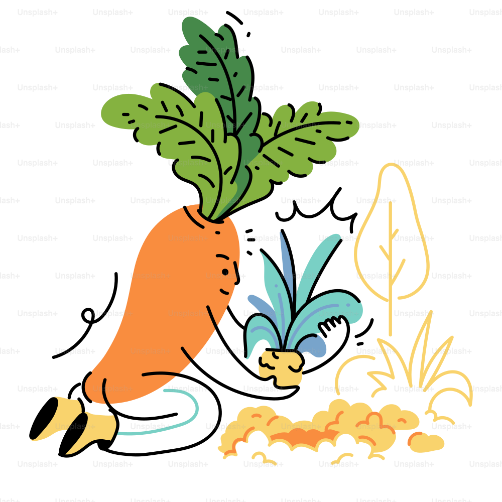 A carrot is planting a small plant.
