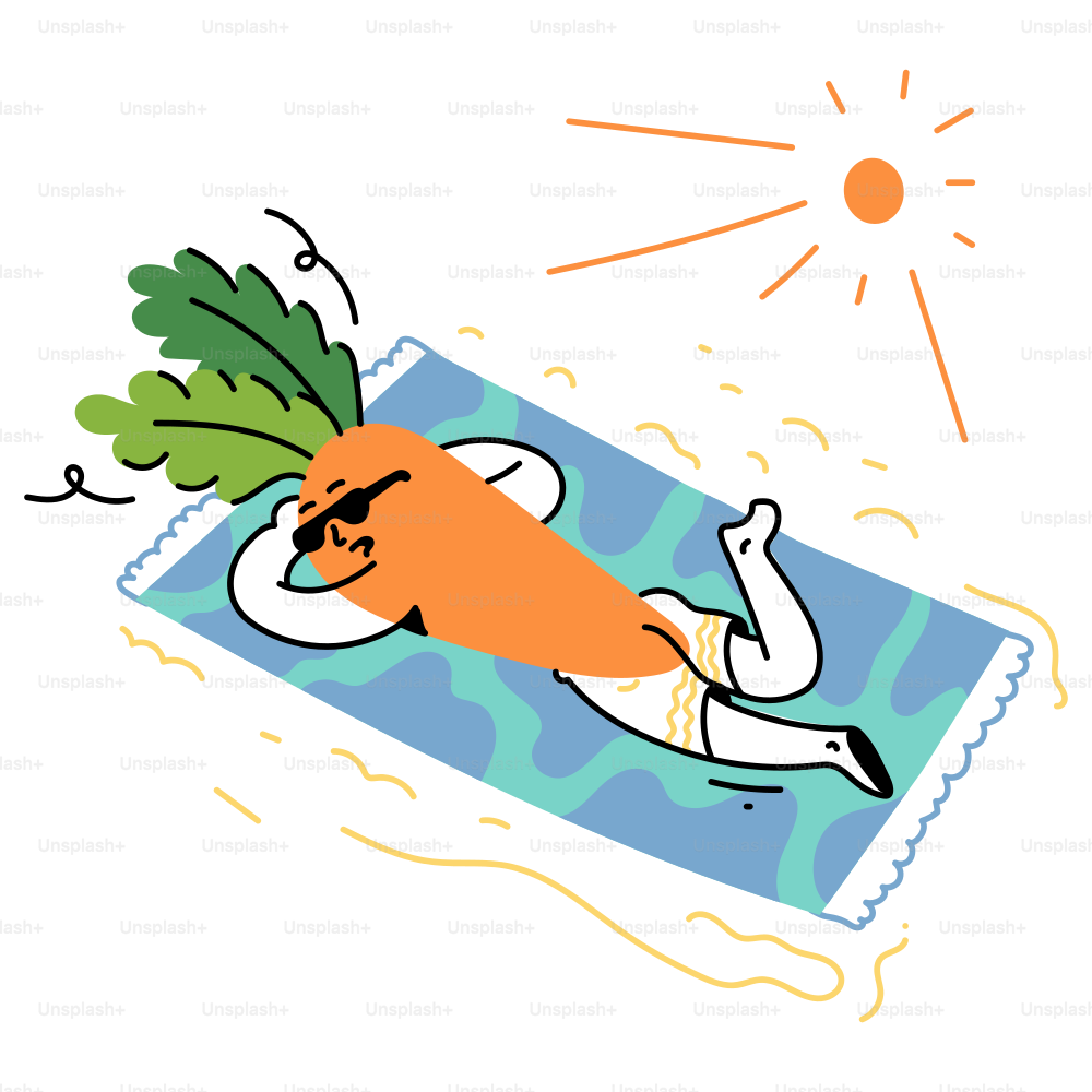 A carrot is relaxing on the beach.