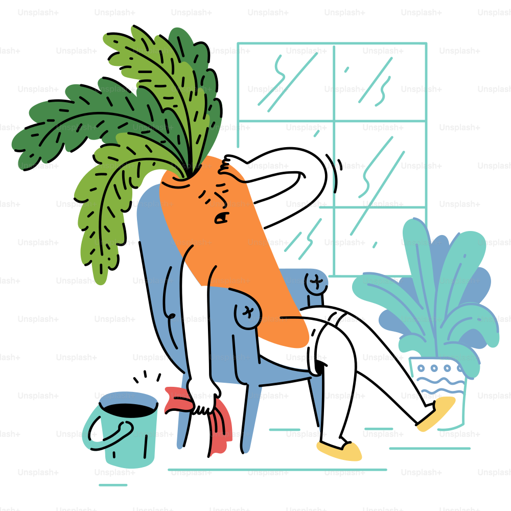 A carrot is relaxing in an armchair indoors.