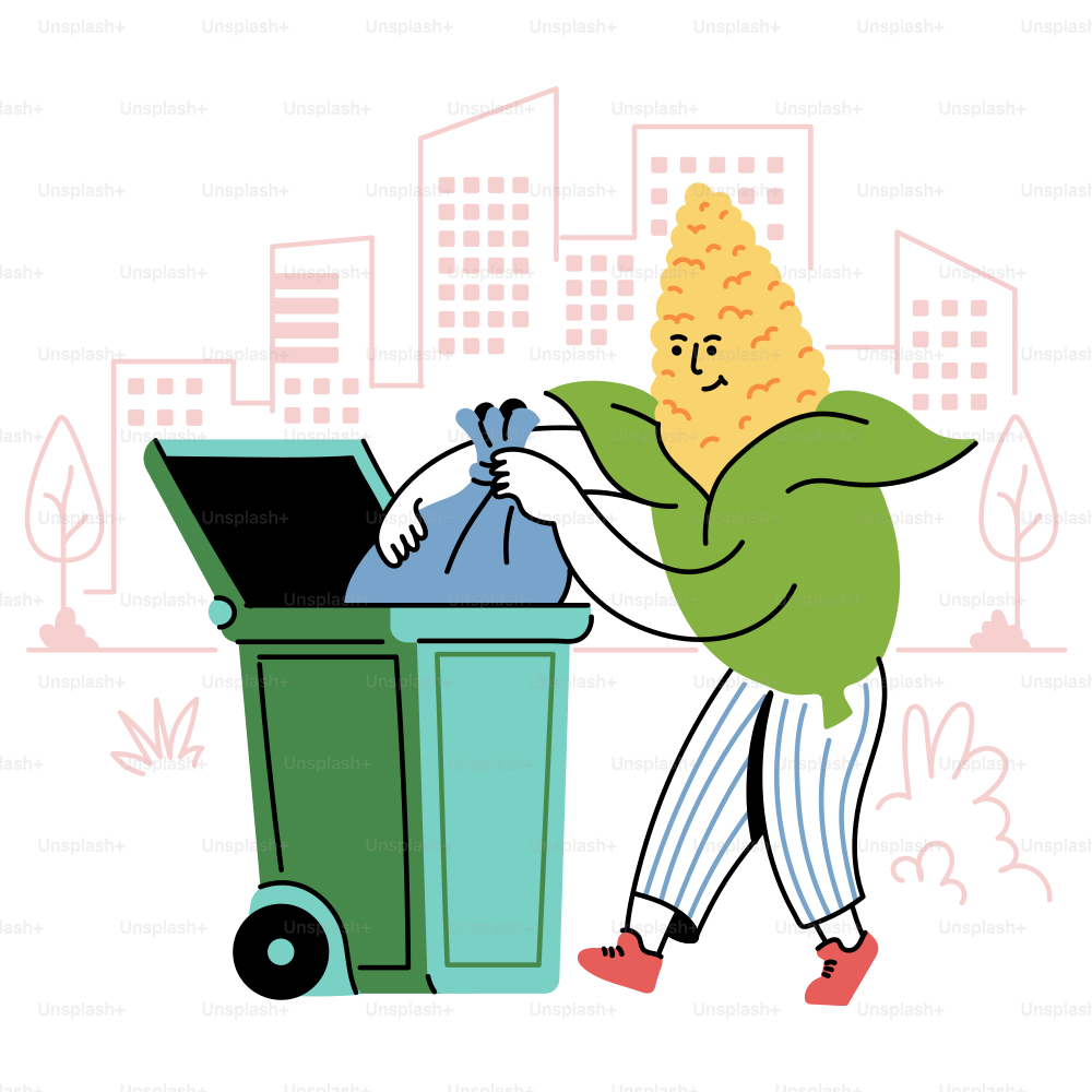 Corn person puts trash in the bin.