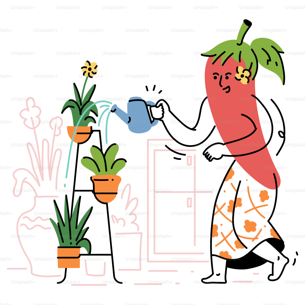 A chili pepper is watering indoor plants.