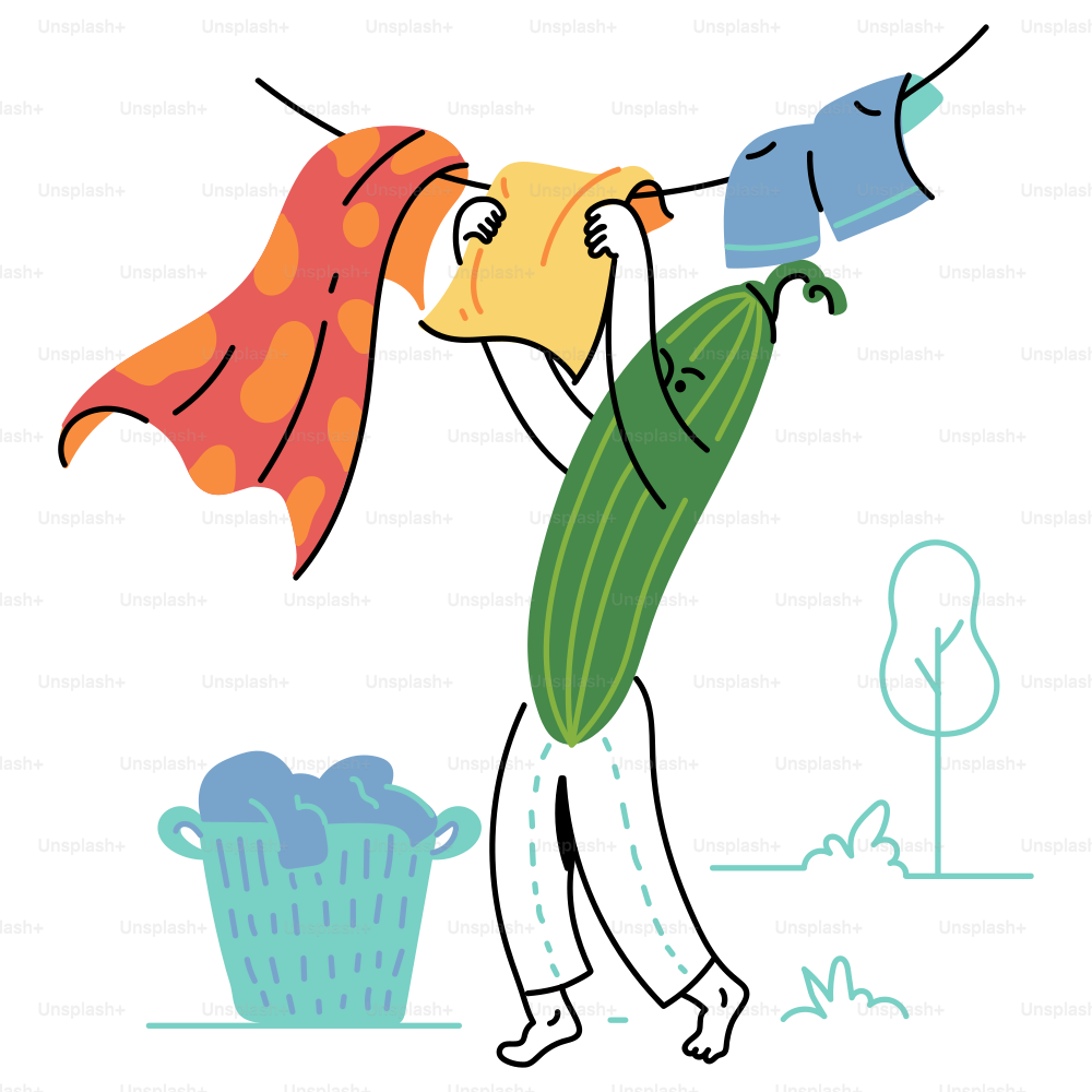 Eine Gurke hängt Wäsche an eine Wäscheleine.