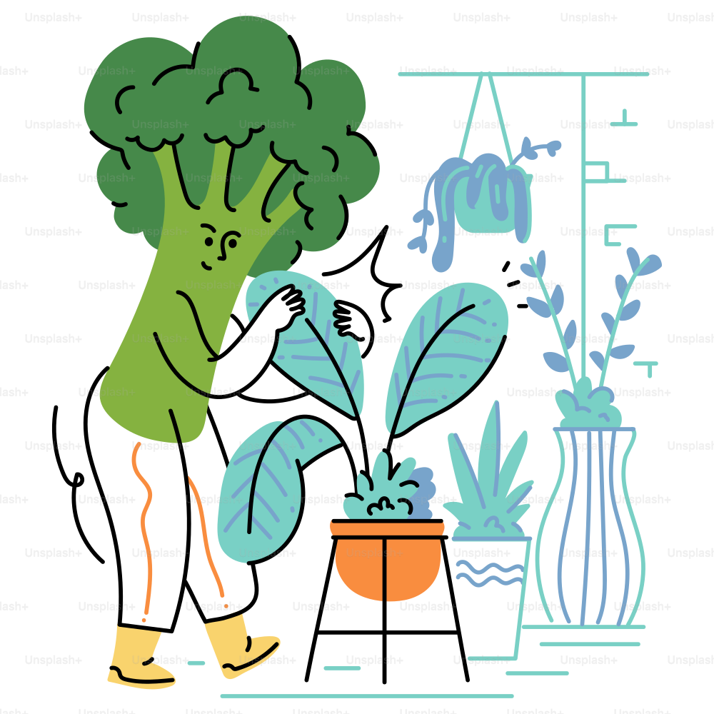 Broccoli person tends to a plant in a garden.