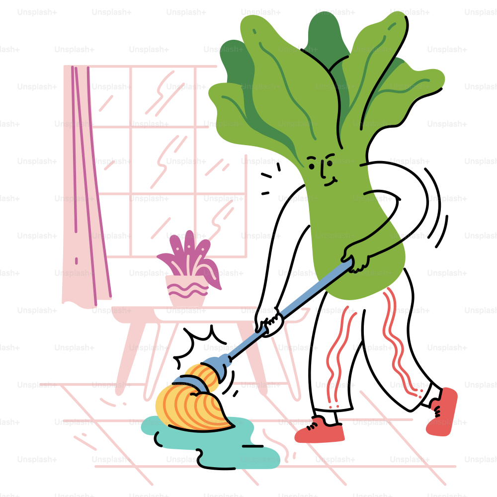 A bok choy character mops the floor.