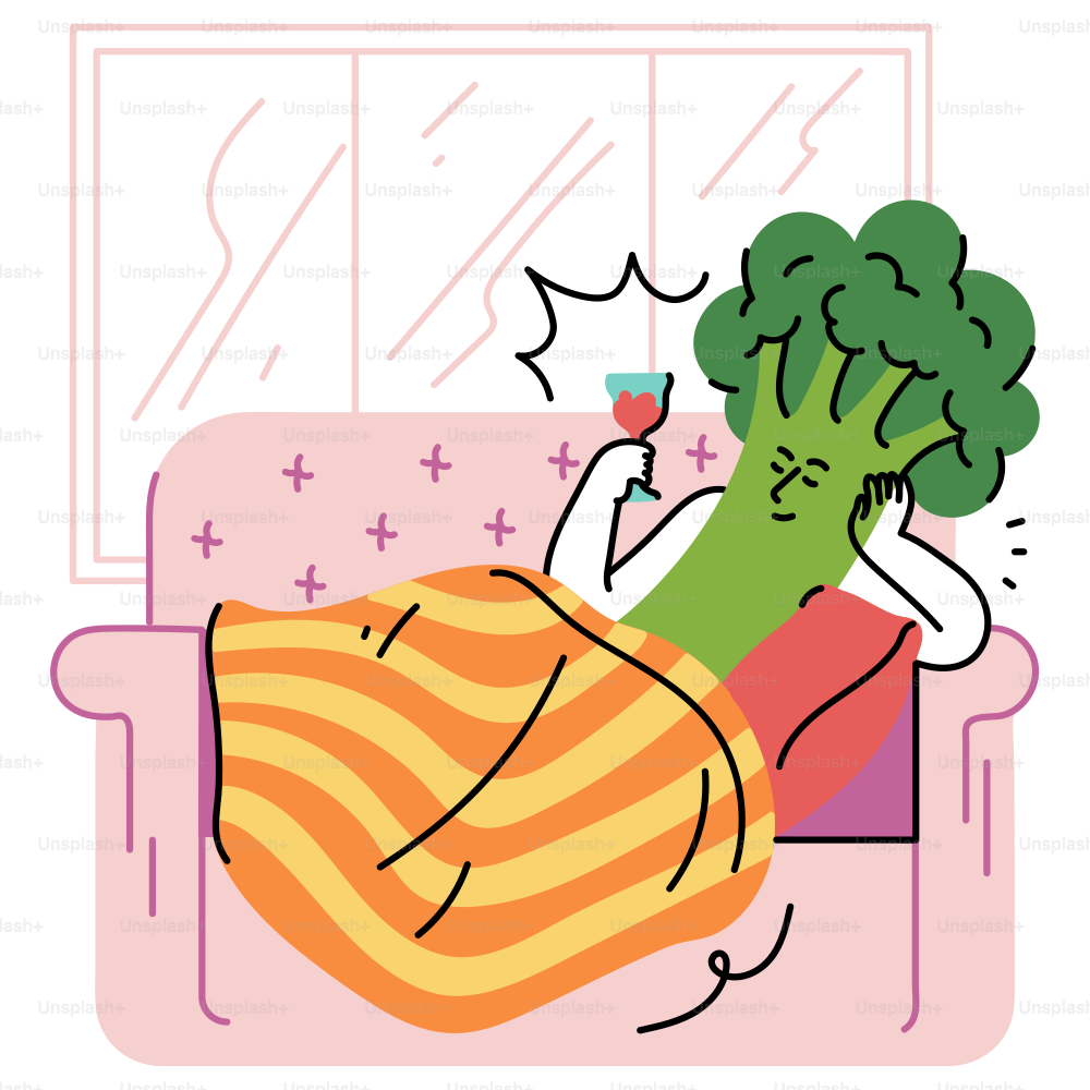 Broccoli relaxes on the couch with a glass of wine.