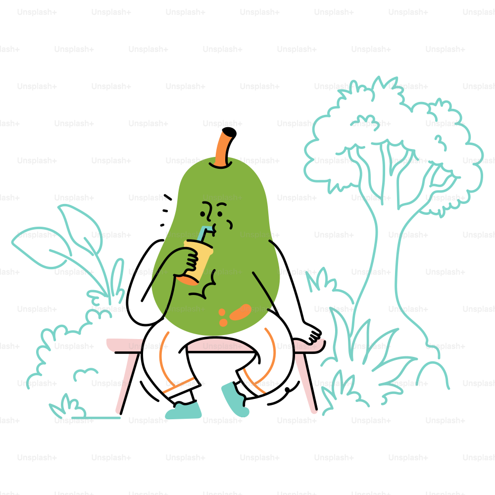 A pear drinks a juice while sitting outside.