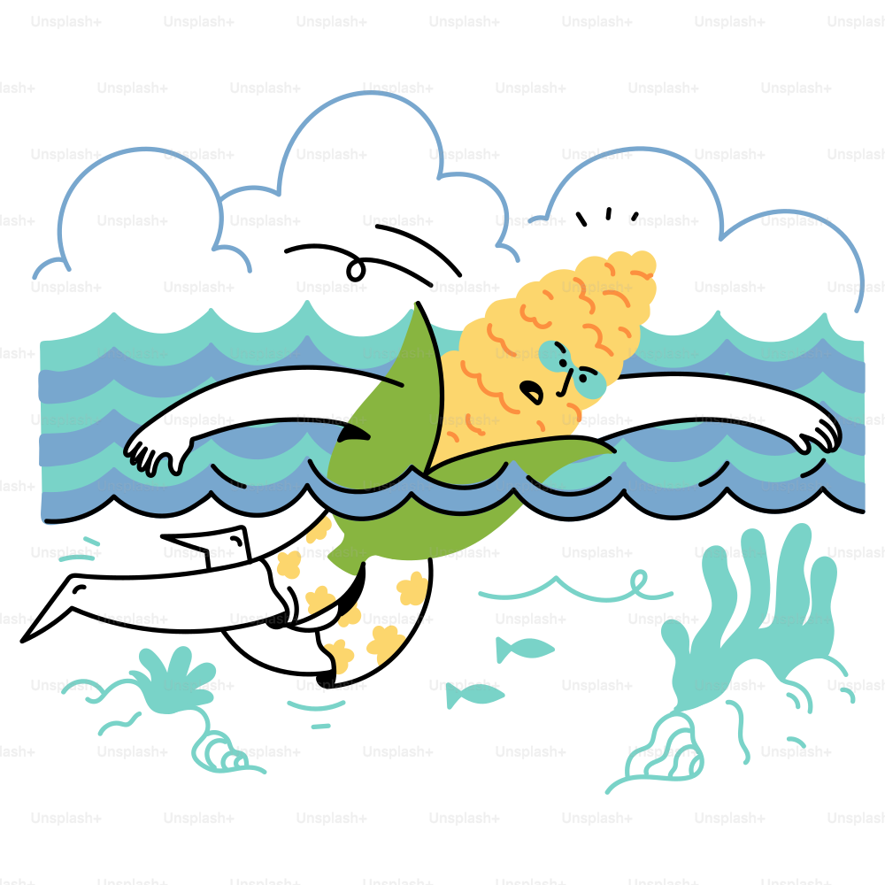 A corn cob swims in the ocean.