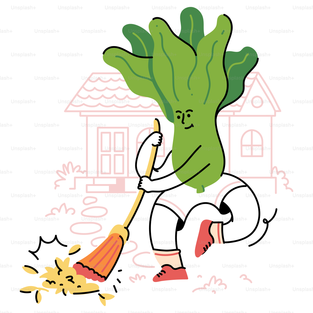 A bok choy character is sweeping leaves.