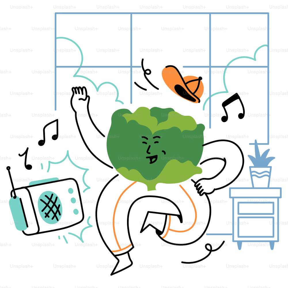 A broccoli is dancing to music with joy!