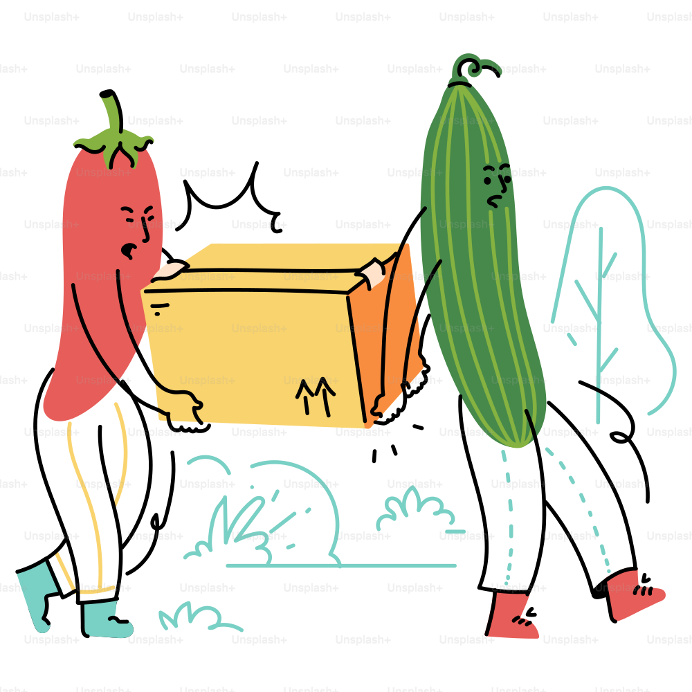 Paprika und Gurke haben Schwierigkeiten, eine Kiste zu tragen.