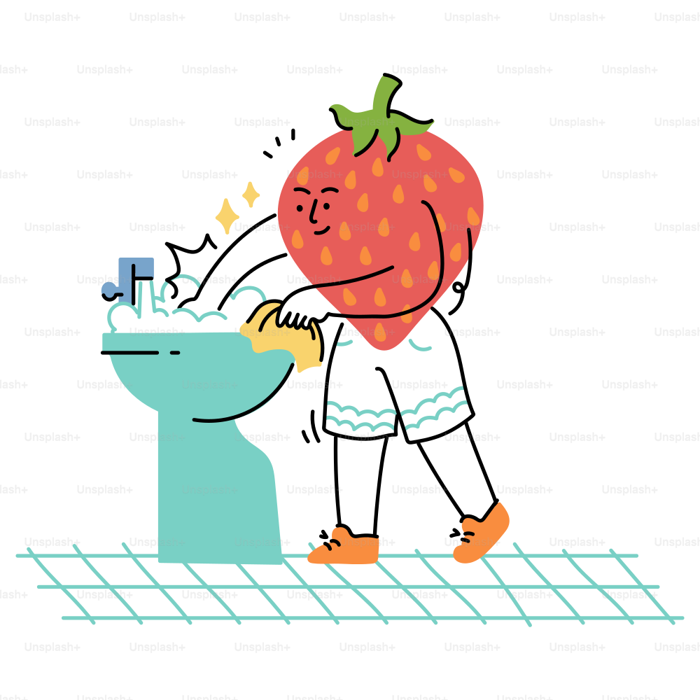 Ein Erdbeer-Mensch putzt ein Waschbecken.