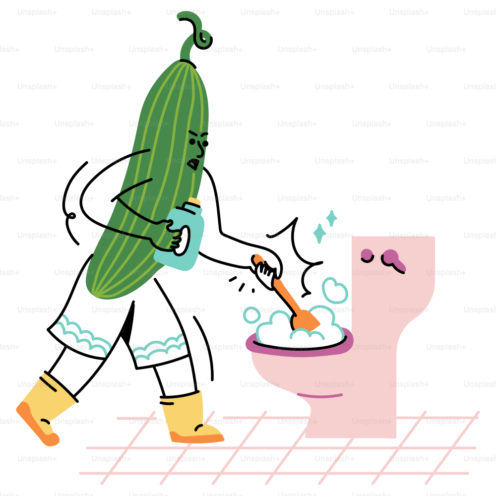 A cucumber is cleaning the toilet.