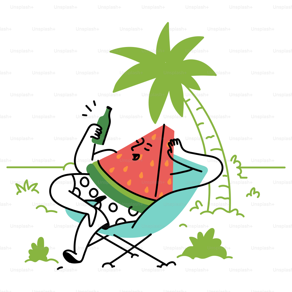 Eine entspannte Wassermelone genießt einen Drink im Urlaub.
