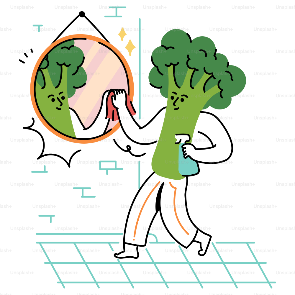 Broccoli cleans a mirror in the bathroom.