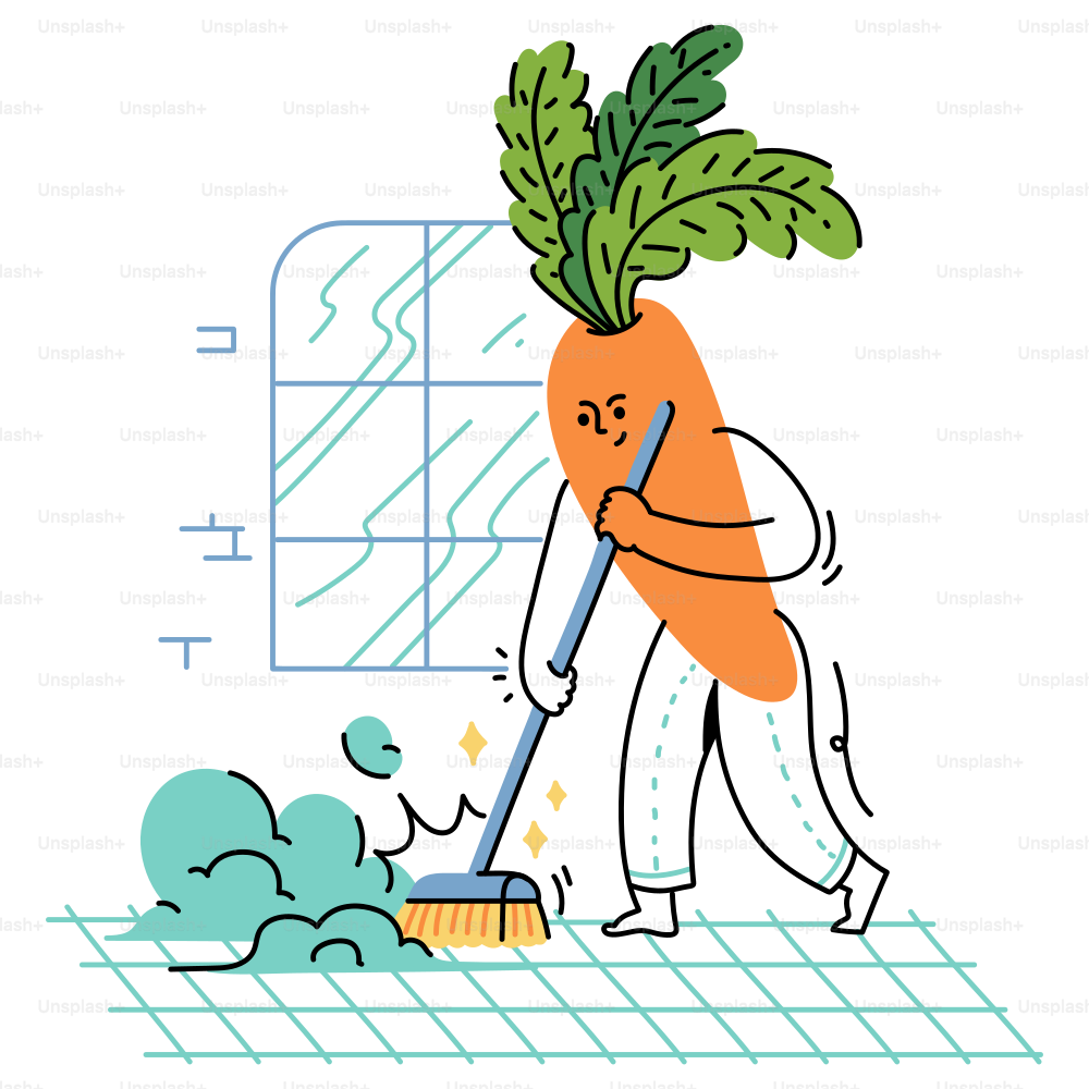 A carrot character cleans the floor.