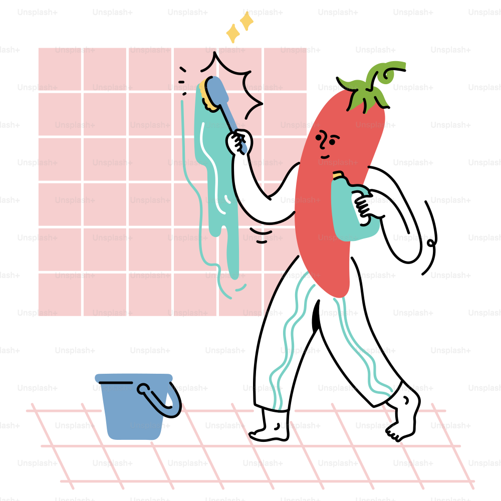 A red pepper is cleaning a tiled wall.