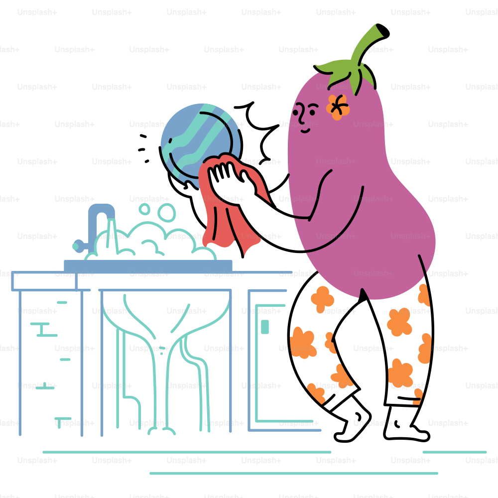 An eggplant character is washing dishes in the sink.