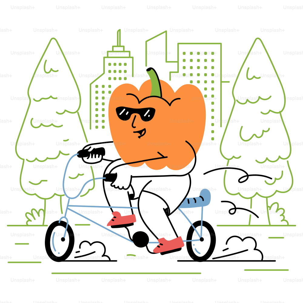 A pepper is riding a bike in the city.