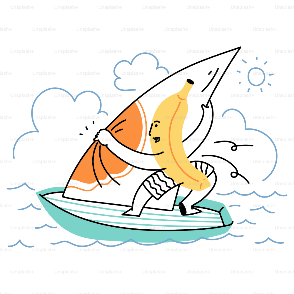 Eine Banane windsurft auf den Wellen des Meeres.