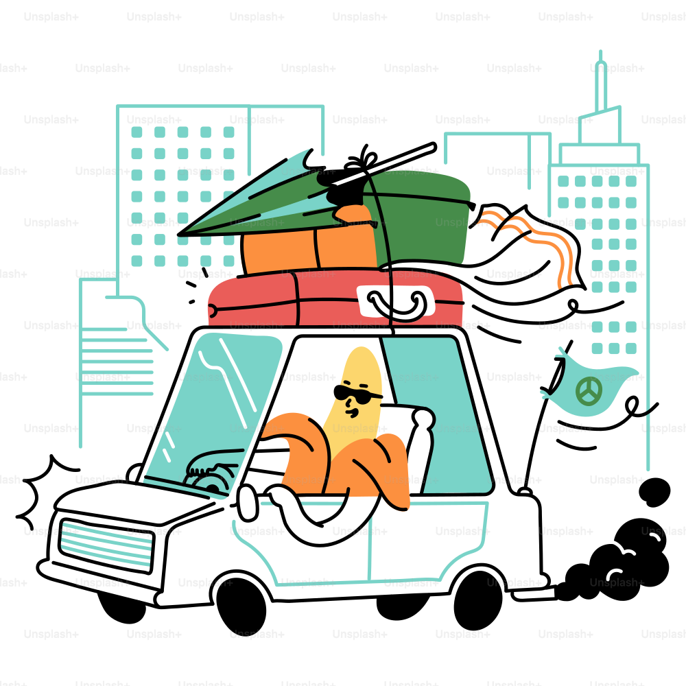 A banana drives a car packed for vacation.