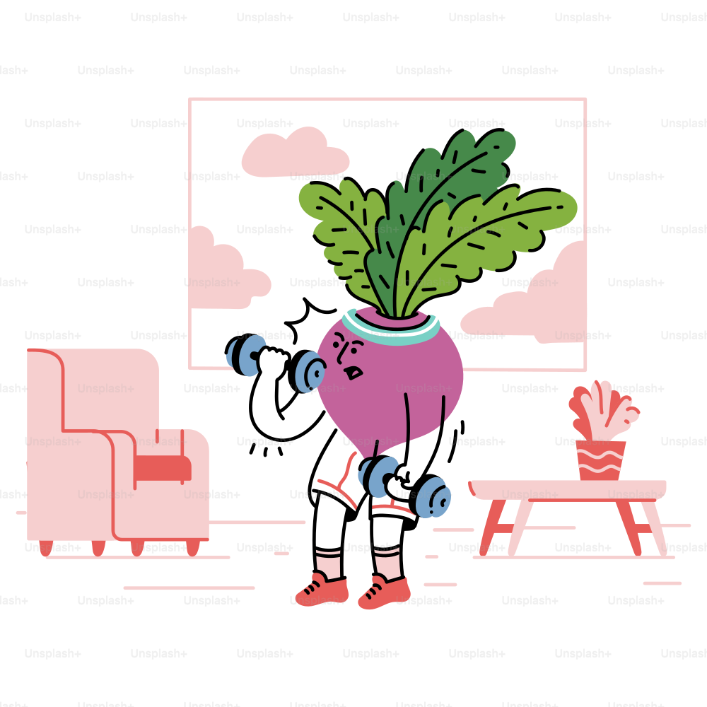 A beetroot is lifting weights at home.