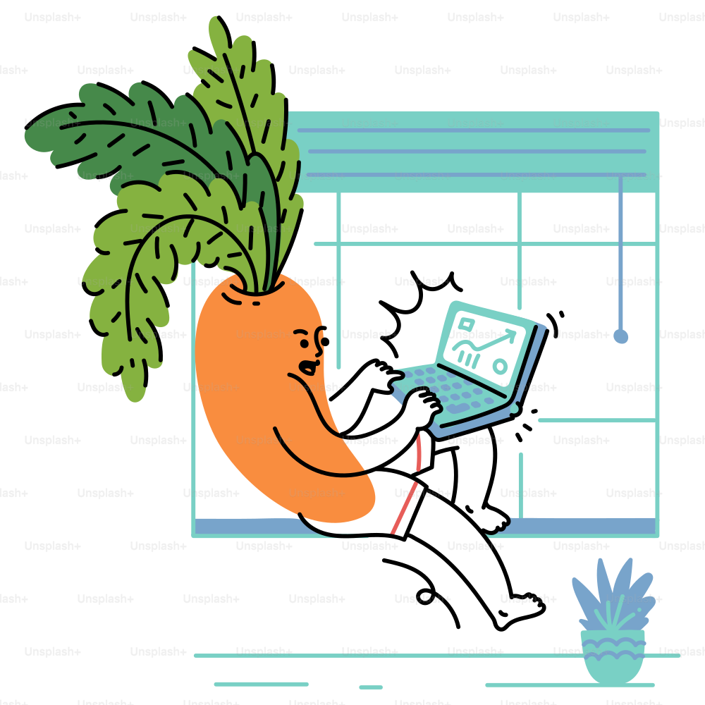 A carrot is working on a laptop.