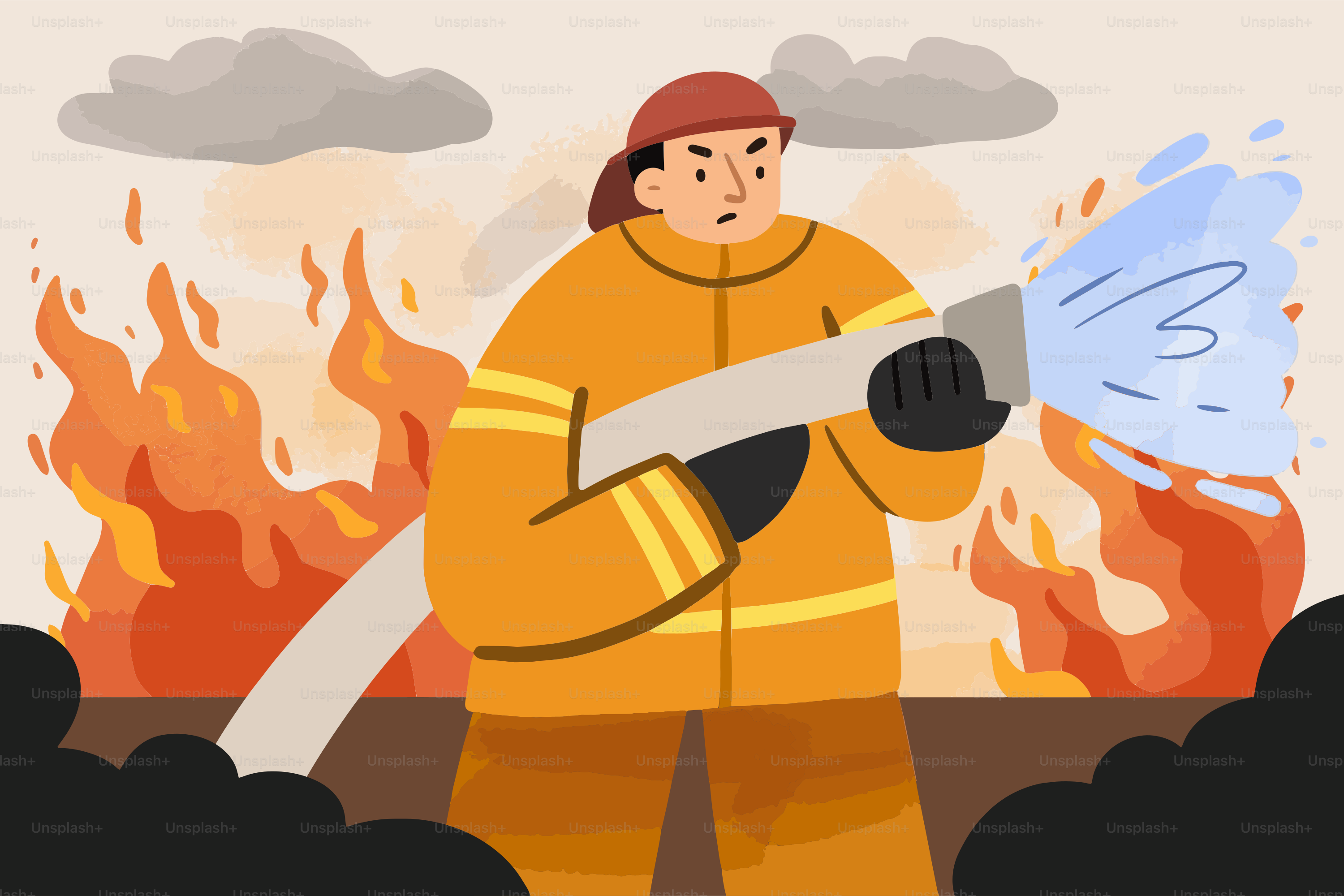 Ein Feuerwehrmann bekämpft ein Feuer mit Wasser.