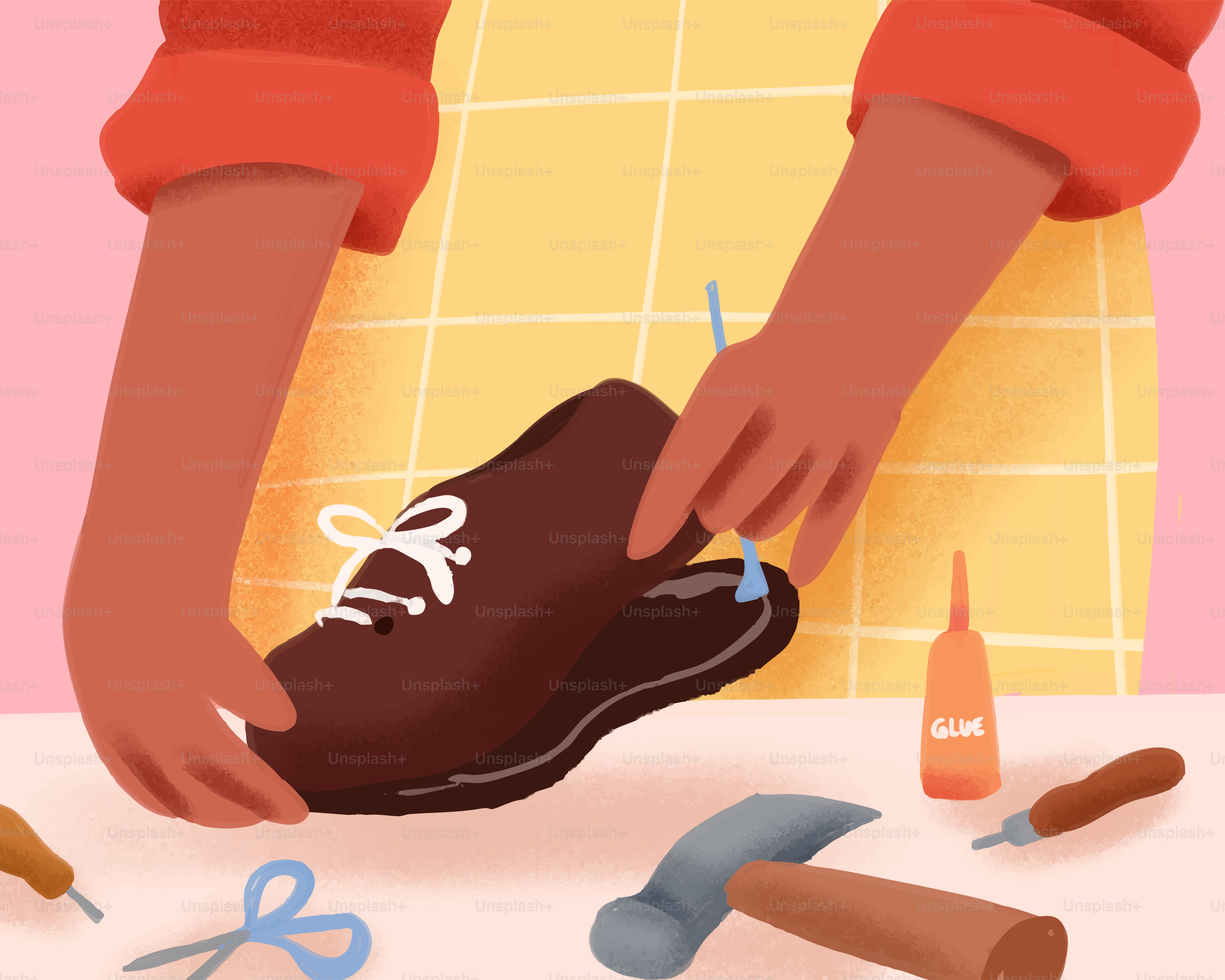 Quelqu’un répare une chaussure avec de la colle.