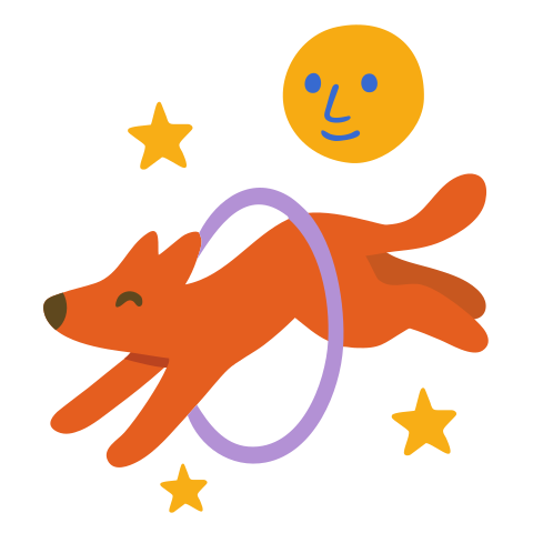 A dog jumps through a hoop near stars.