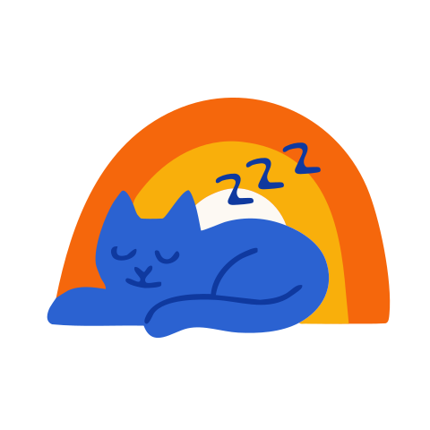 A sleeping cat rests under a colorful rainbow.