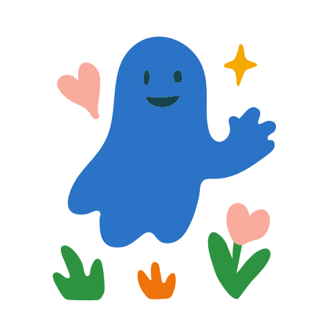 A friendly blue ghost surrounded by happy elements.
